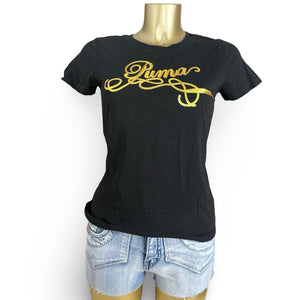 Black sequins gold logo tight fit tee (S/M)