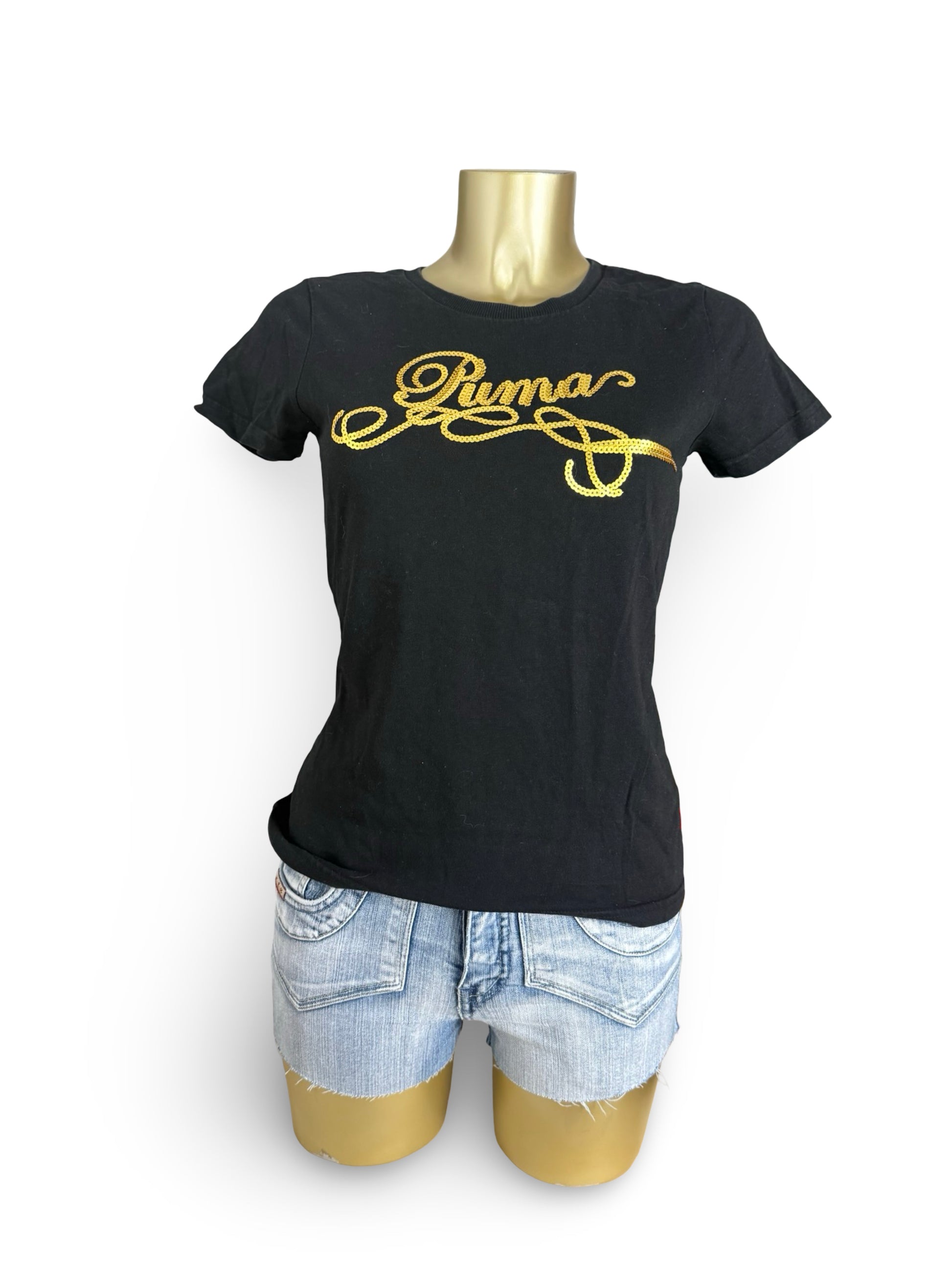 Black sequins gold logo tight fit tee (S/M)
