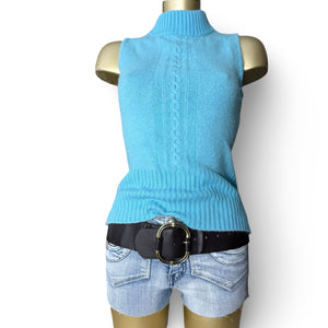 Baby blue knitted high neck sleeveless jumper (S/M)