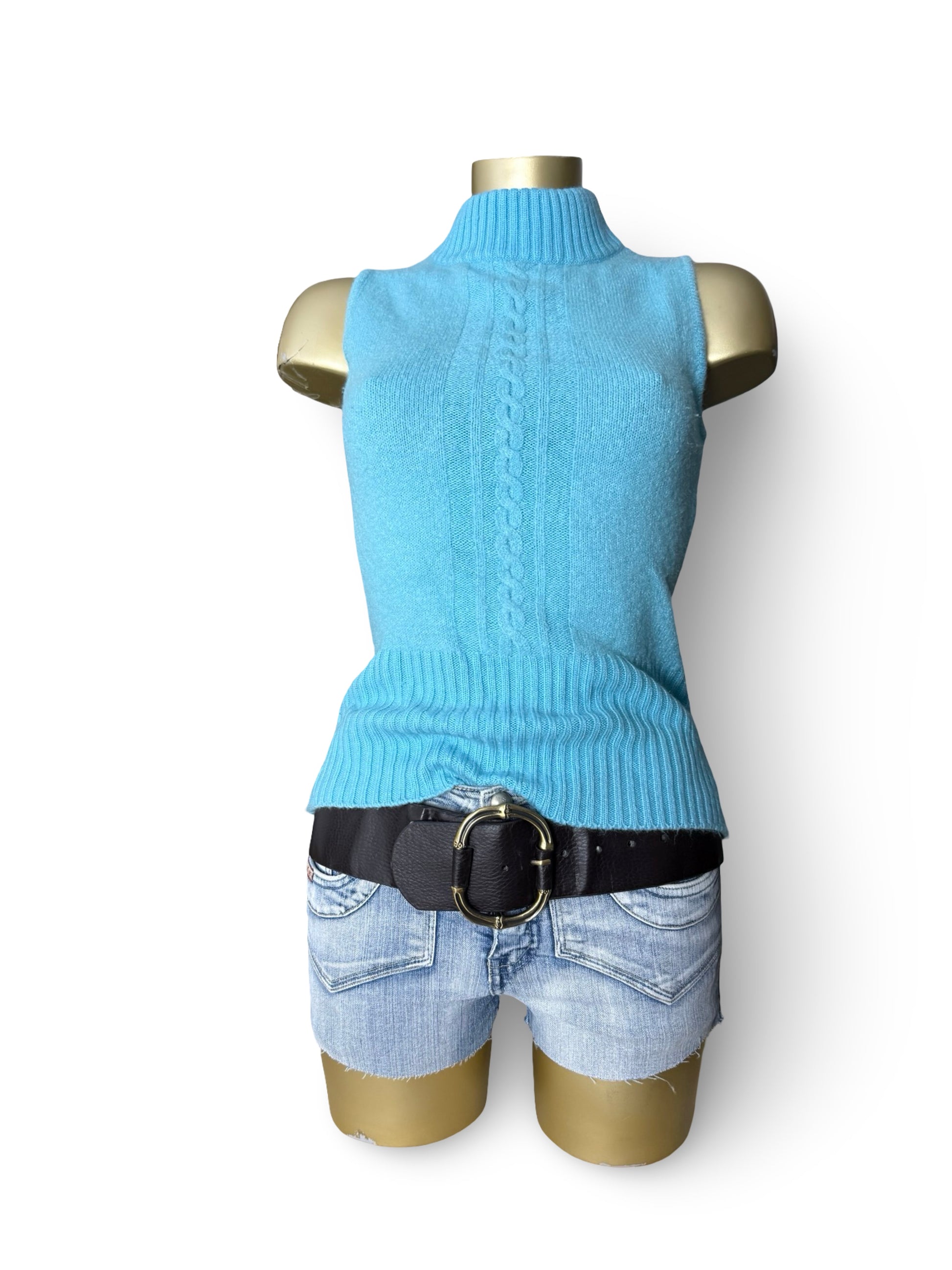 Baby blue knitted high neck sleeveless jumper (S/M)