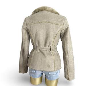 Beige suede inside faux fur tight fit biker coat (S/M)