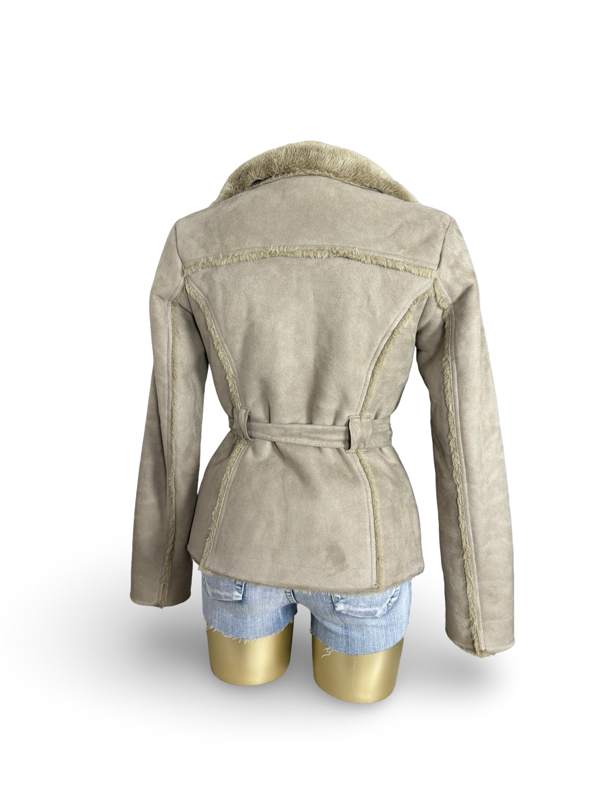 Beige suede inside faux fur tight fit biker coat (S/M)