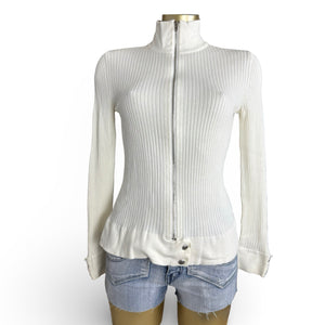White ribbed zip up knitted jacket jumper (S/M)