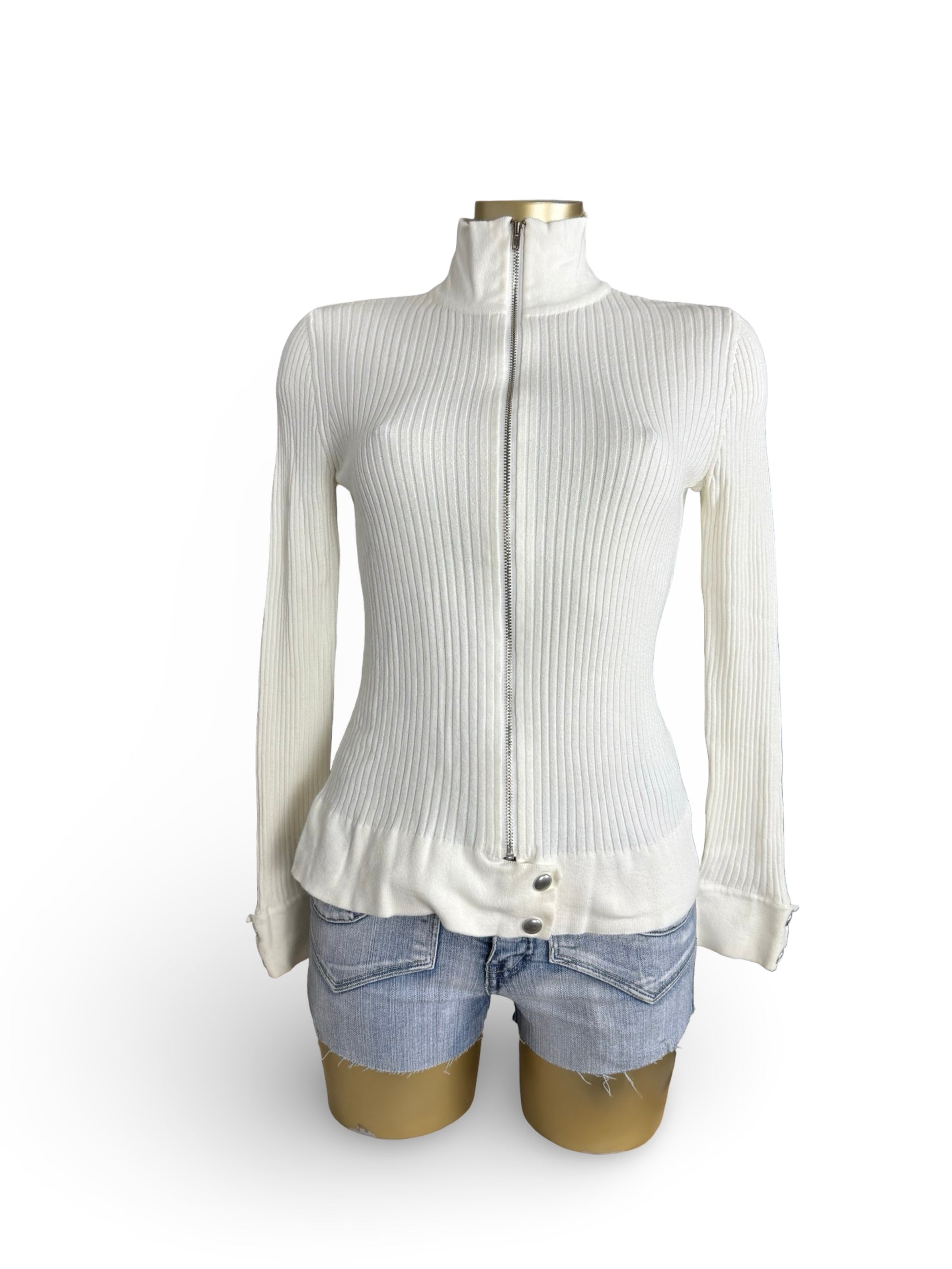 White ribbed zip up knitted jacket jumper (S/M)