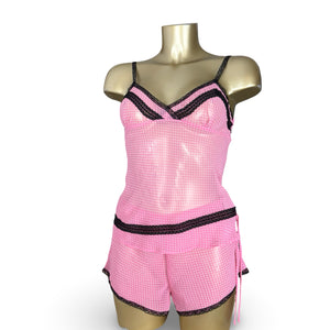 Pink polka dots mesh top + shorty set (M/L)