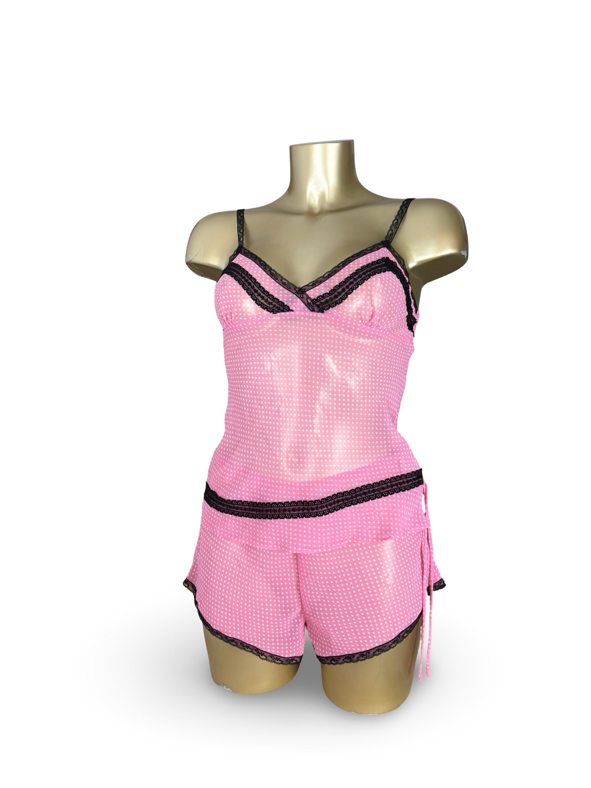 Pink polka dots mesh top + shorty set (M/L)