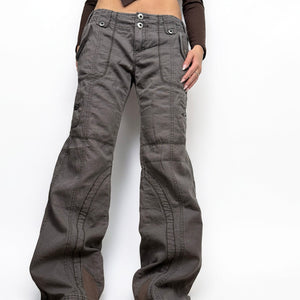Brown check print cotton low rise baggy pants (L)