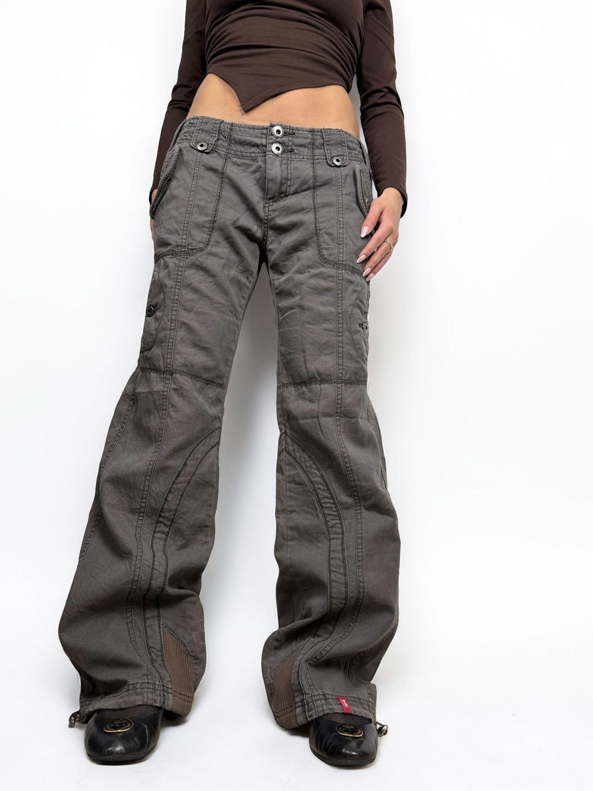 Brown check print cotton low rise baggy pants (L)