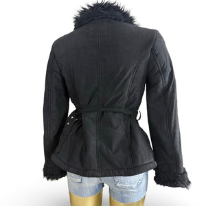 Black suede faux fur neck afghan coat (S/M)