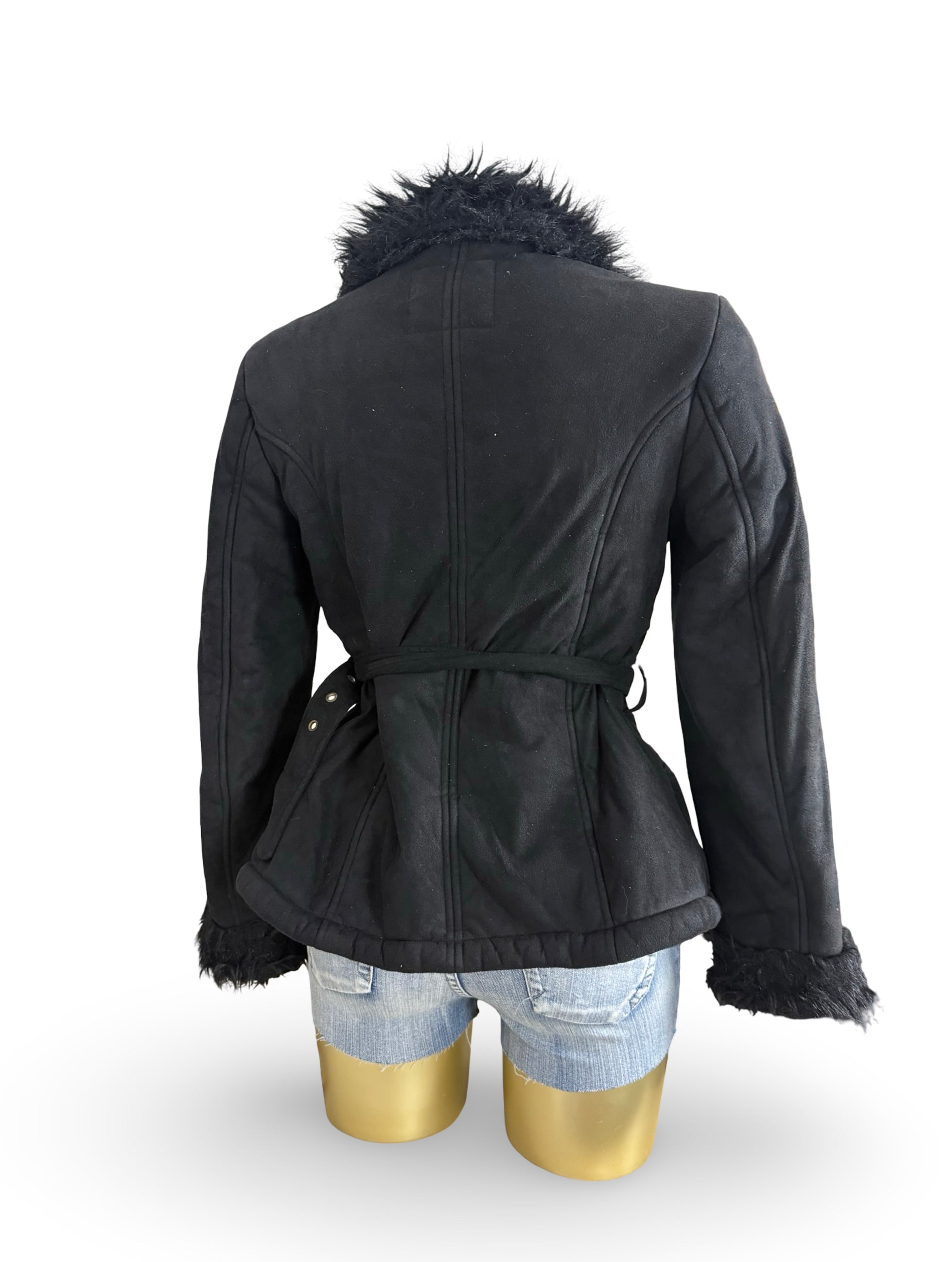 Black suede faux fur neck afghan coat (S/M)