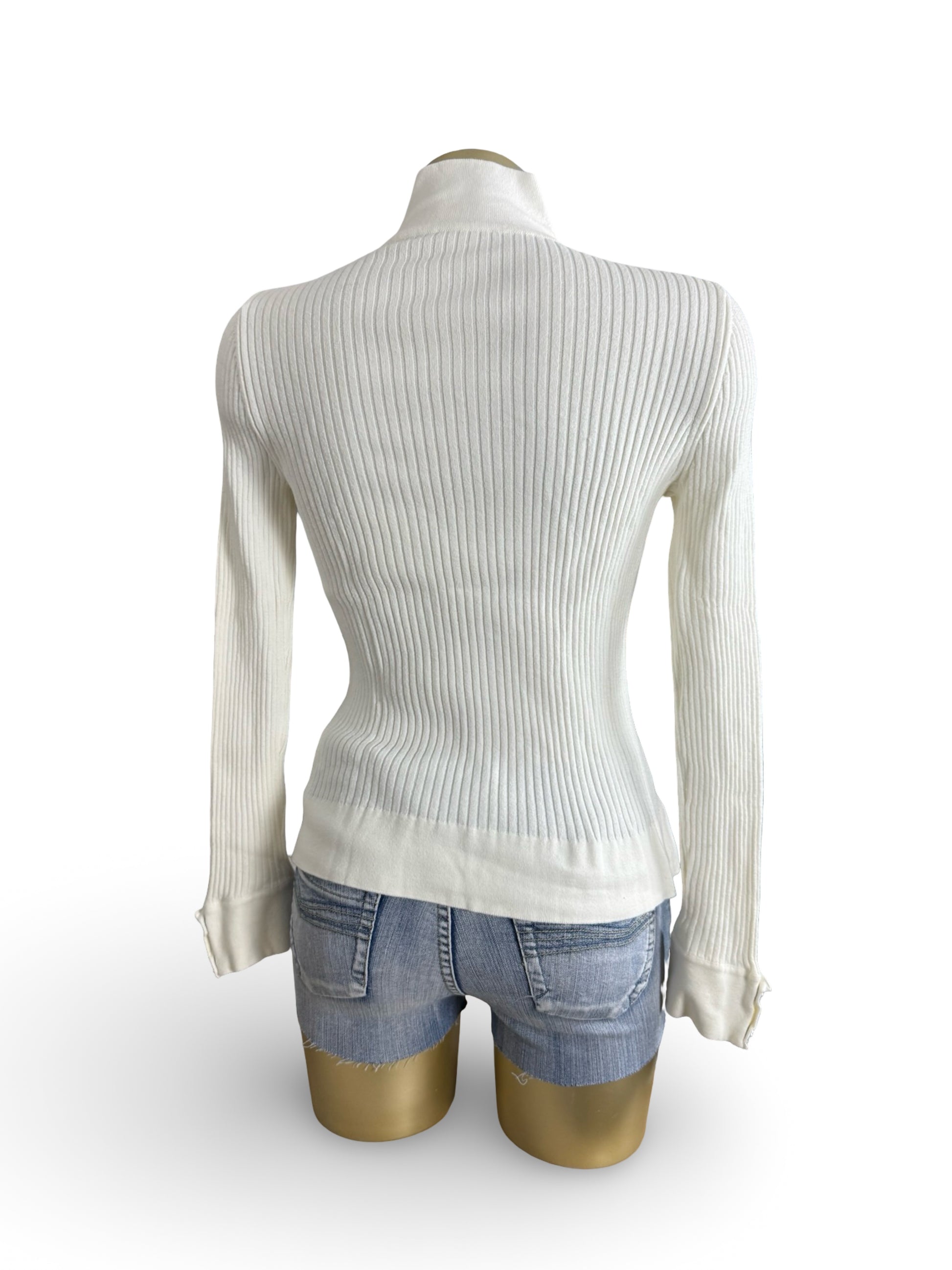 White ribbed zip up knitted jacket jumper (S/M)