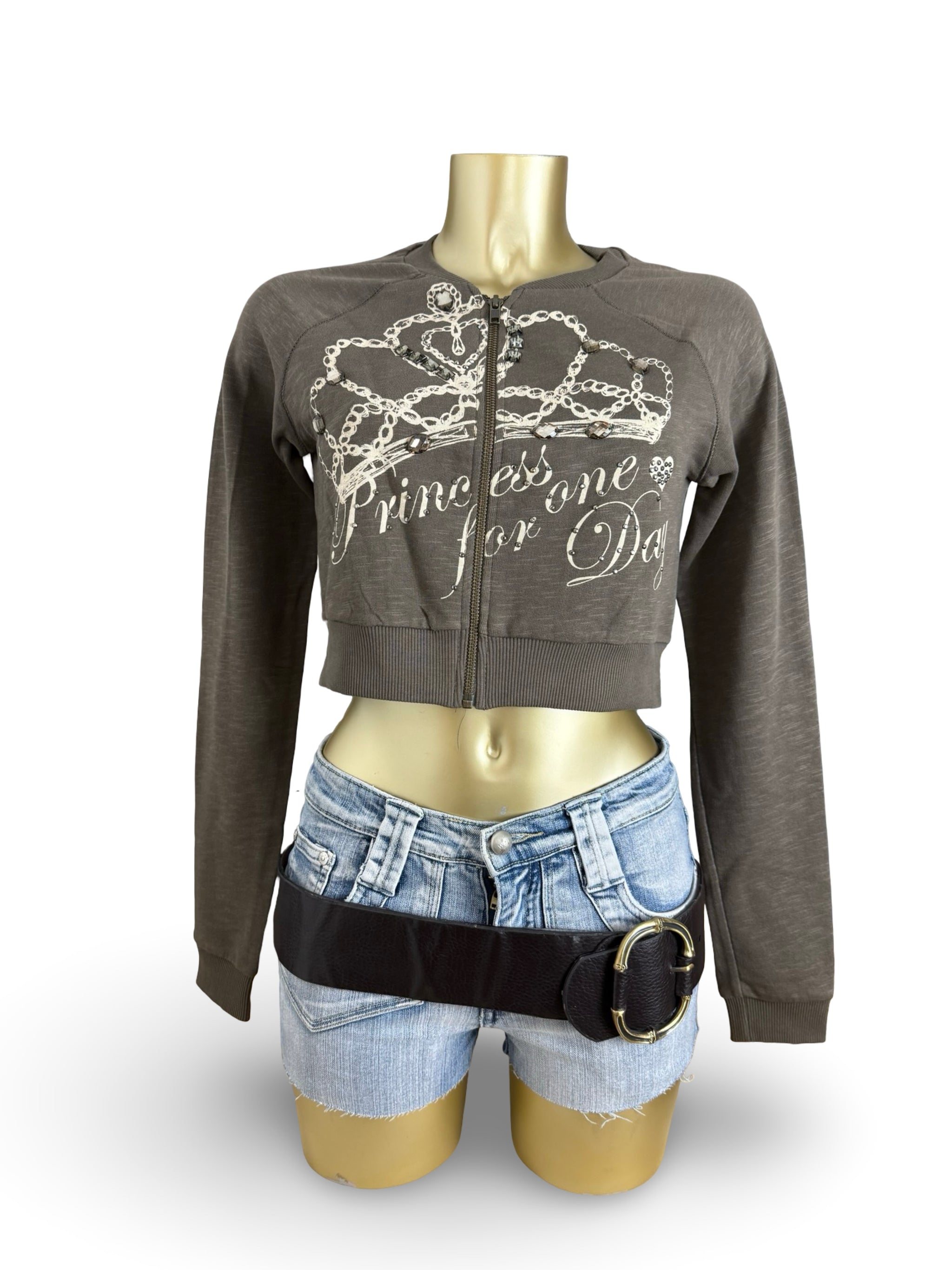 Khaki crop zip up crown print sweatshirt (L)