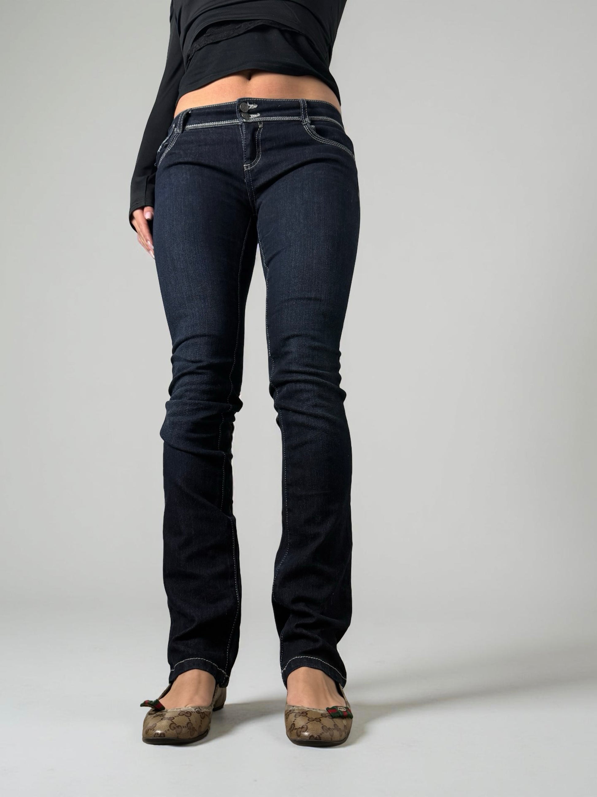 Navy blue denim low rise straight legs pants (S)