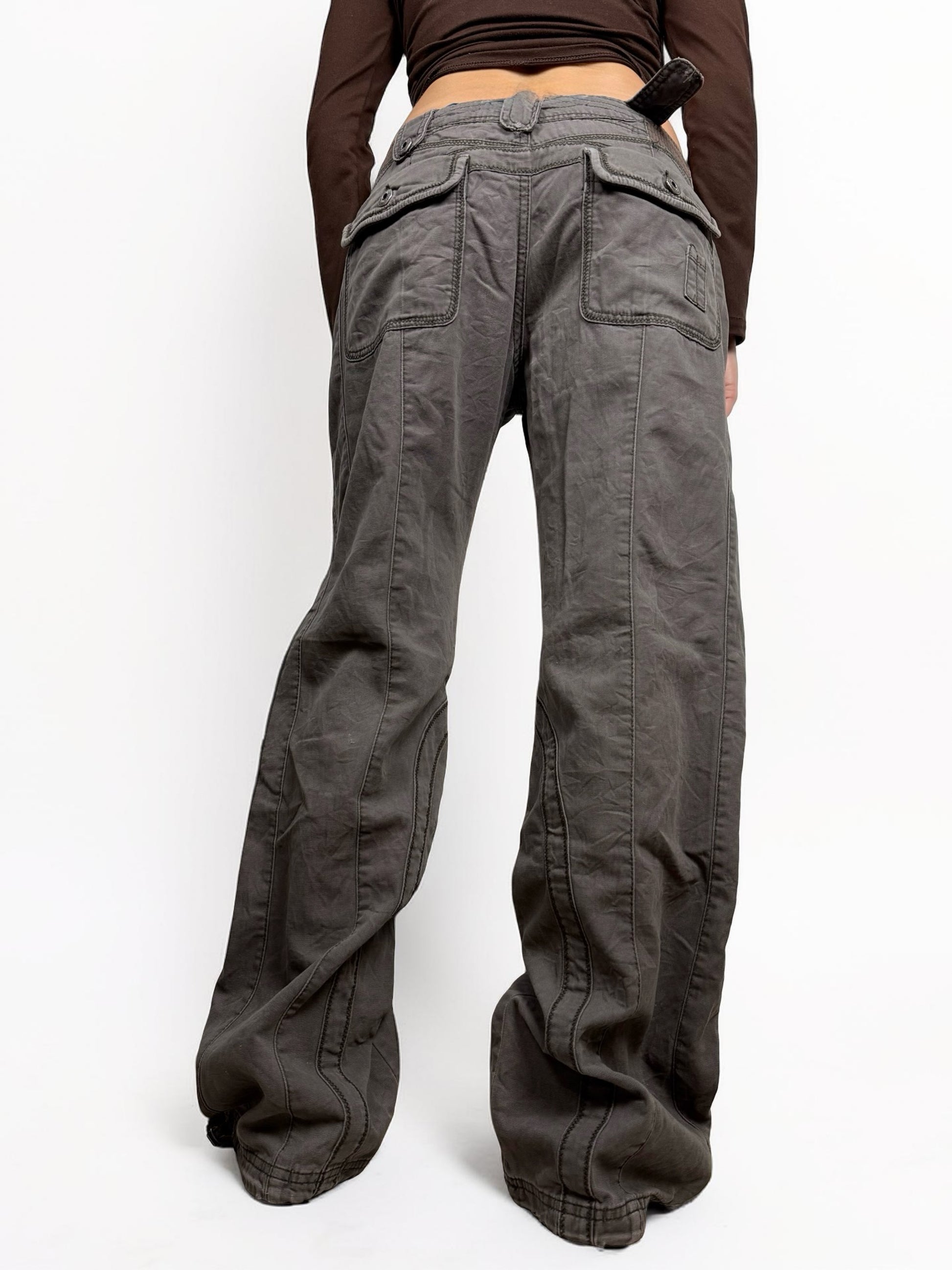 Brown check print cotton low rise baggy pants (L)