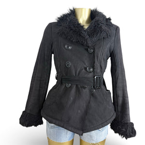 Black suede faux fur neck afghan coat (S/M)