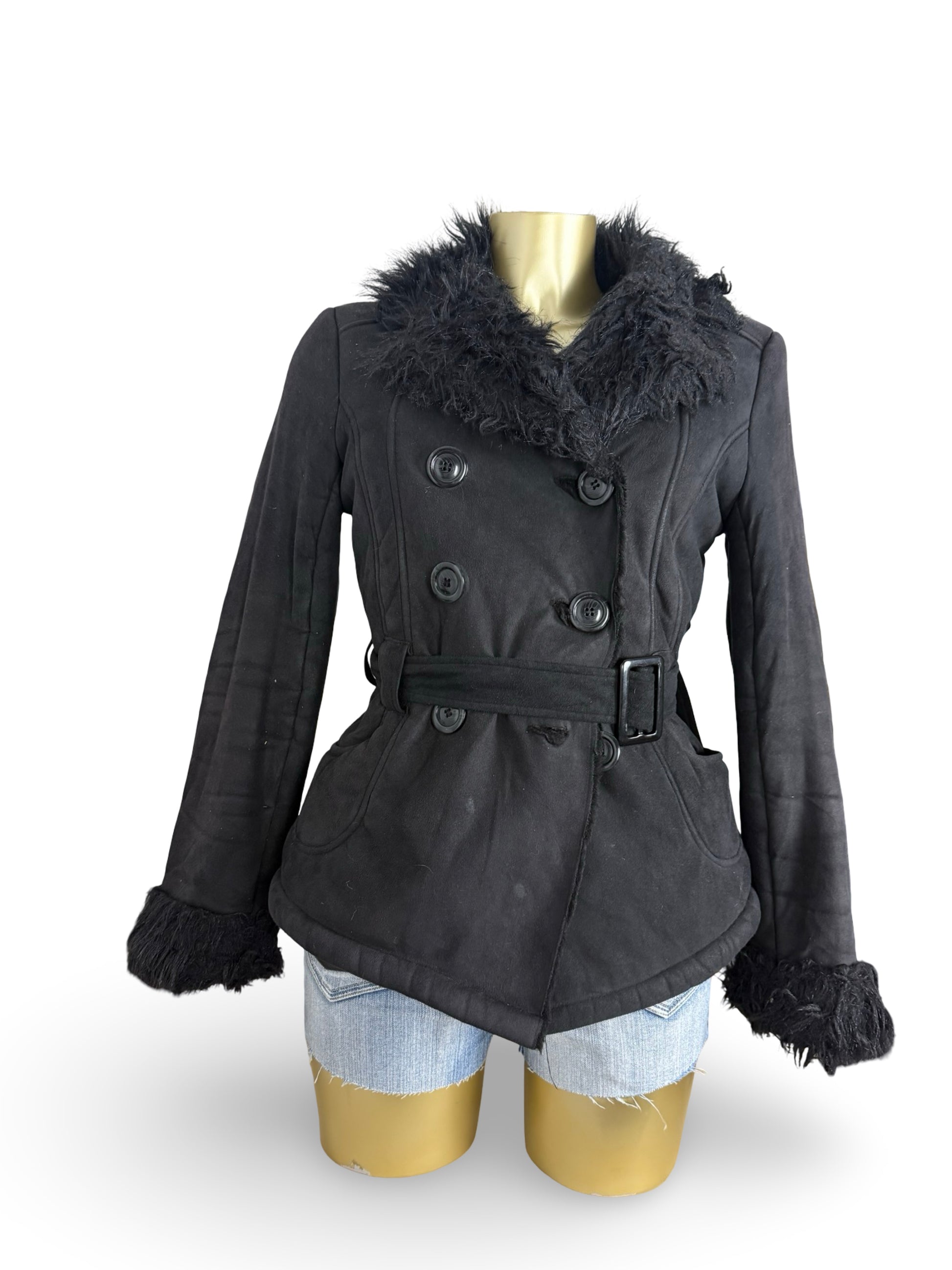 Black suede faux fur neck afghan coat (S/M)