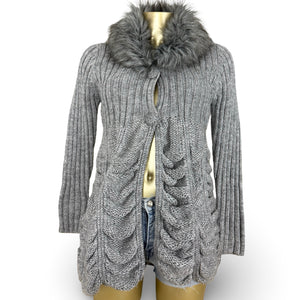 Grey faux fur neck ruched wool cardigan  jumper (XS/S)