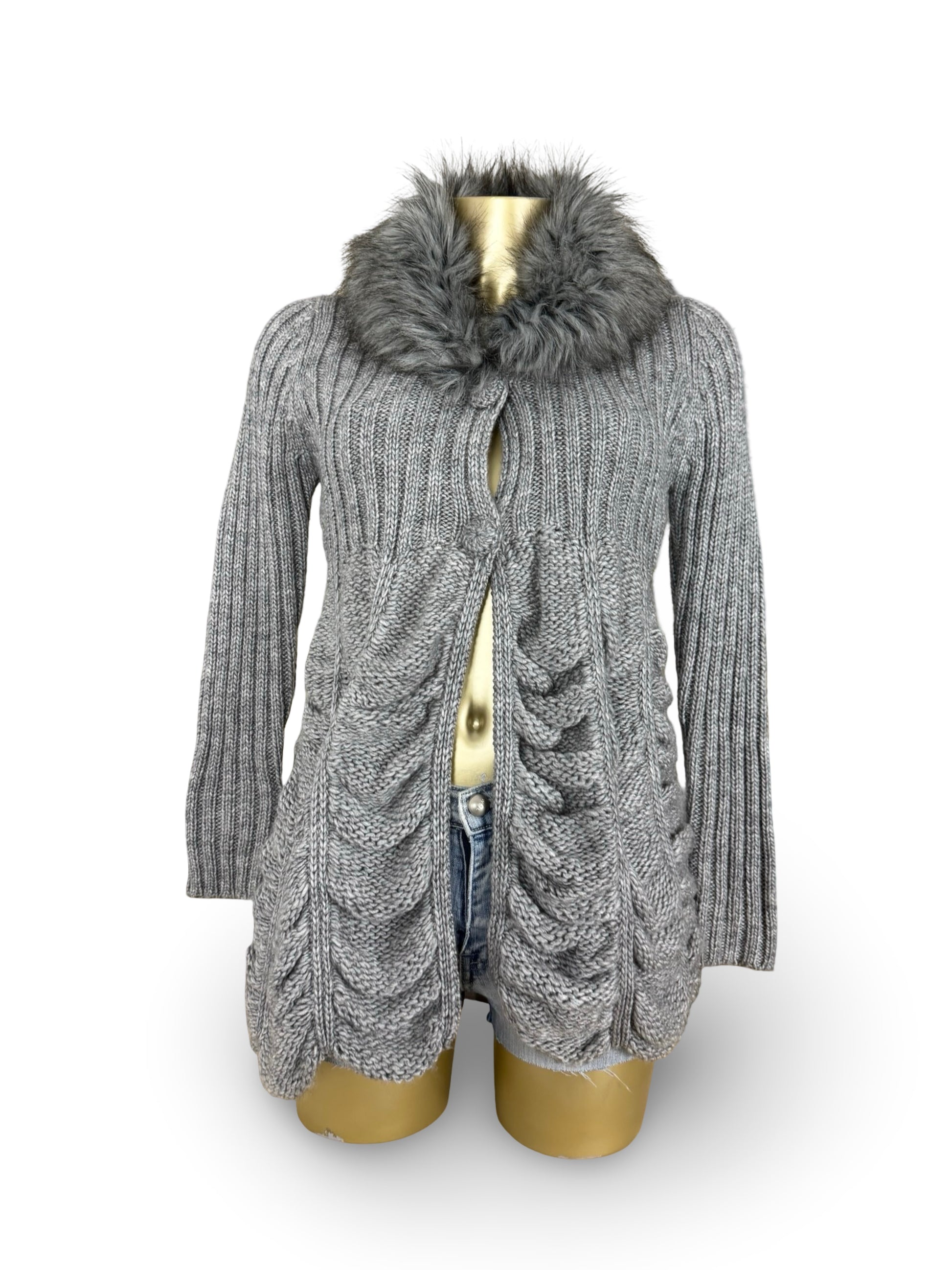 Grey faux fur neck ruched wool cardigan  jumper (XS/S)
