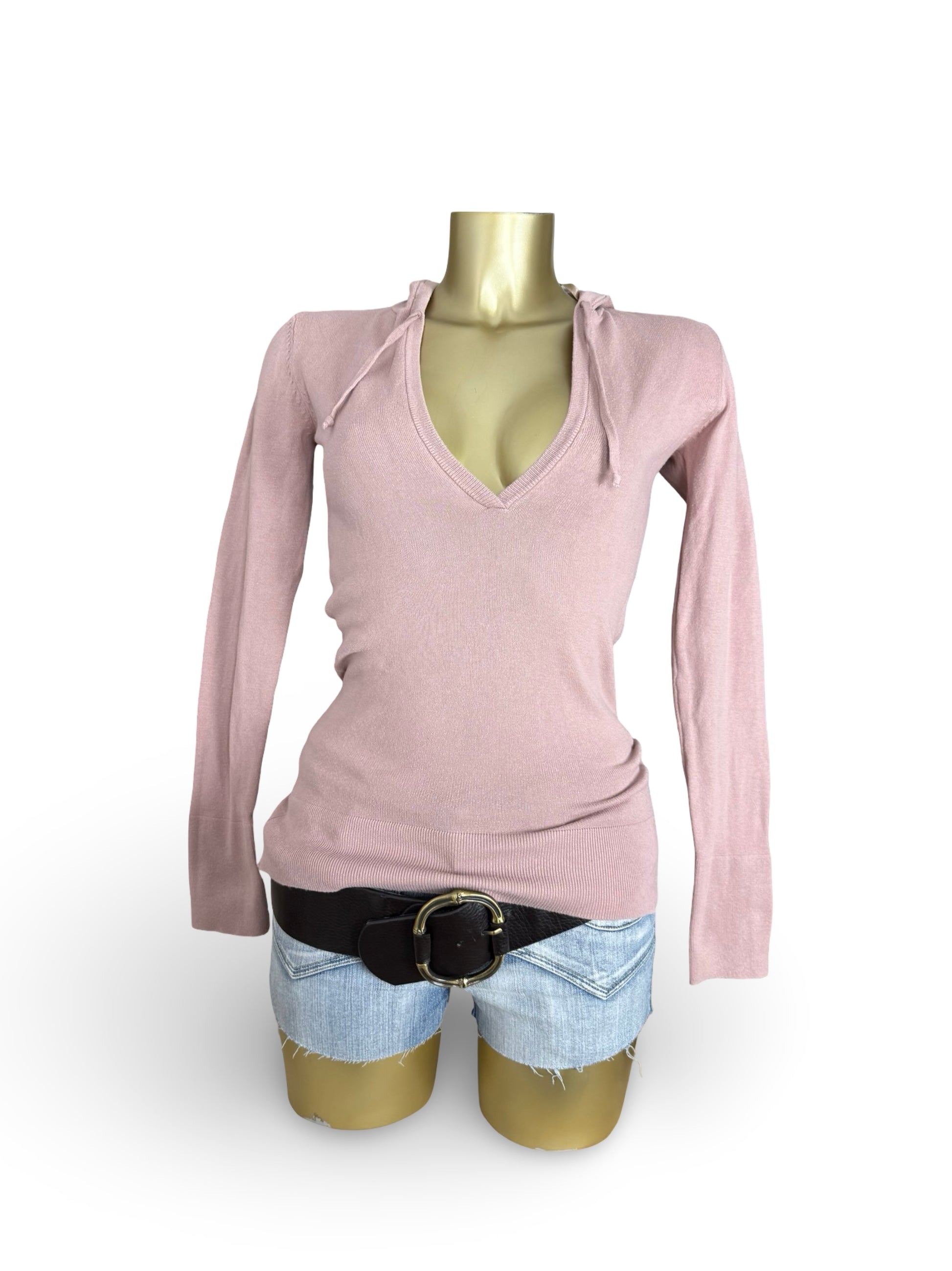 Pink V neck tight fit hooded jumper (XS/S)