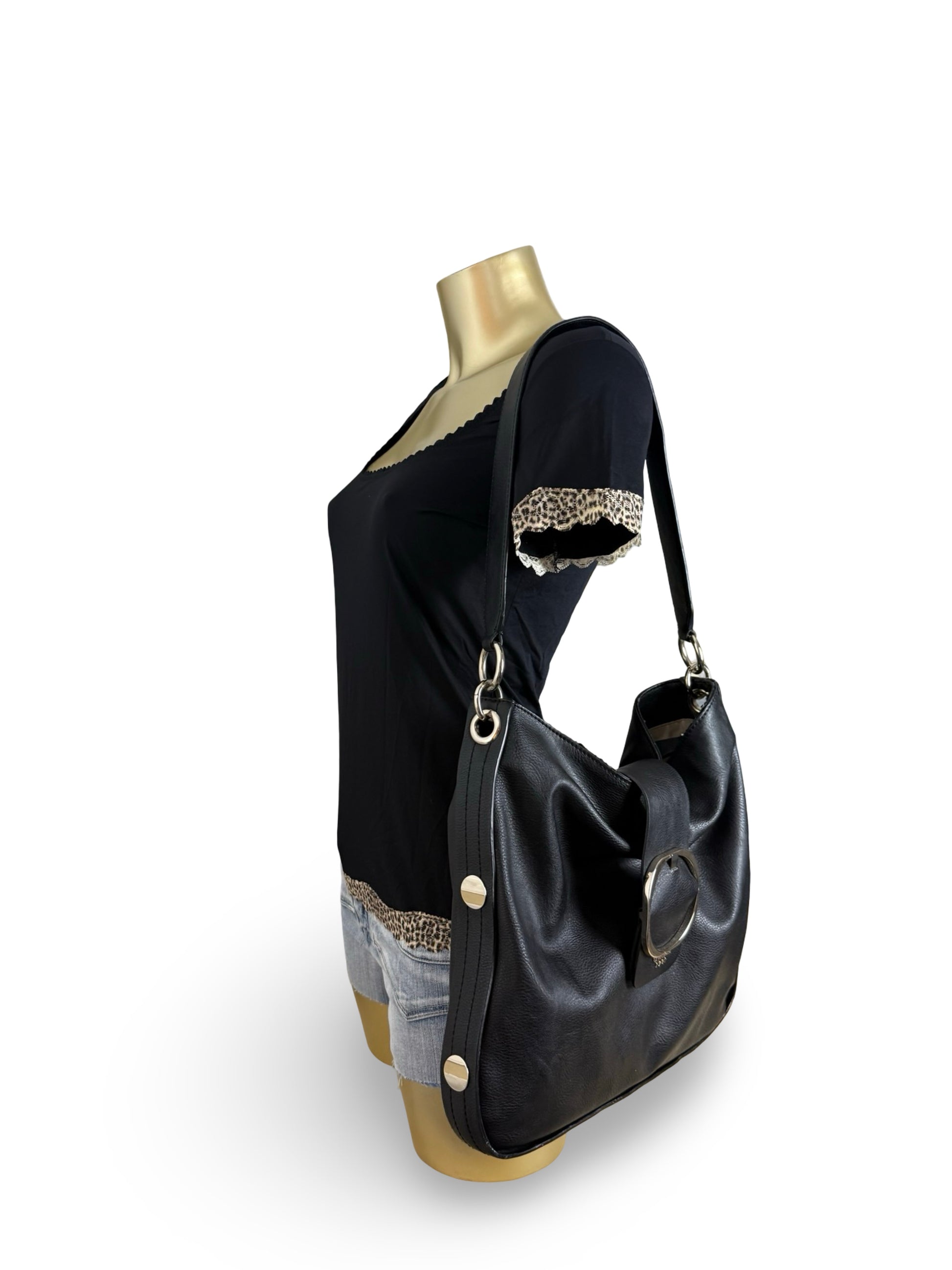 Black pvc leather gold buckle besace shoulder bag (30x32cm)