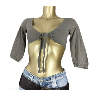 Khaki cotton tie up crop bolero long sleeves top (XS)