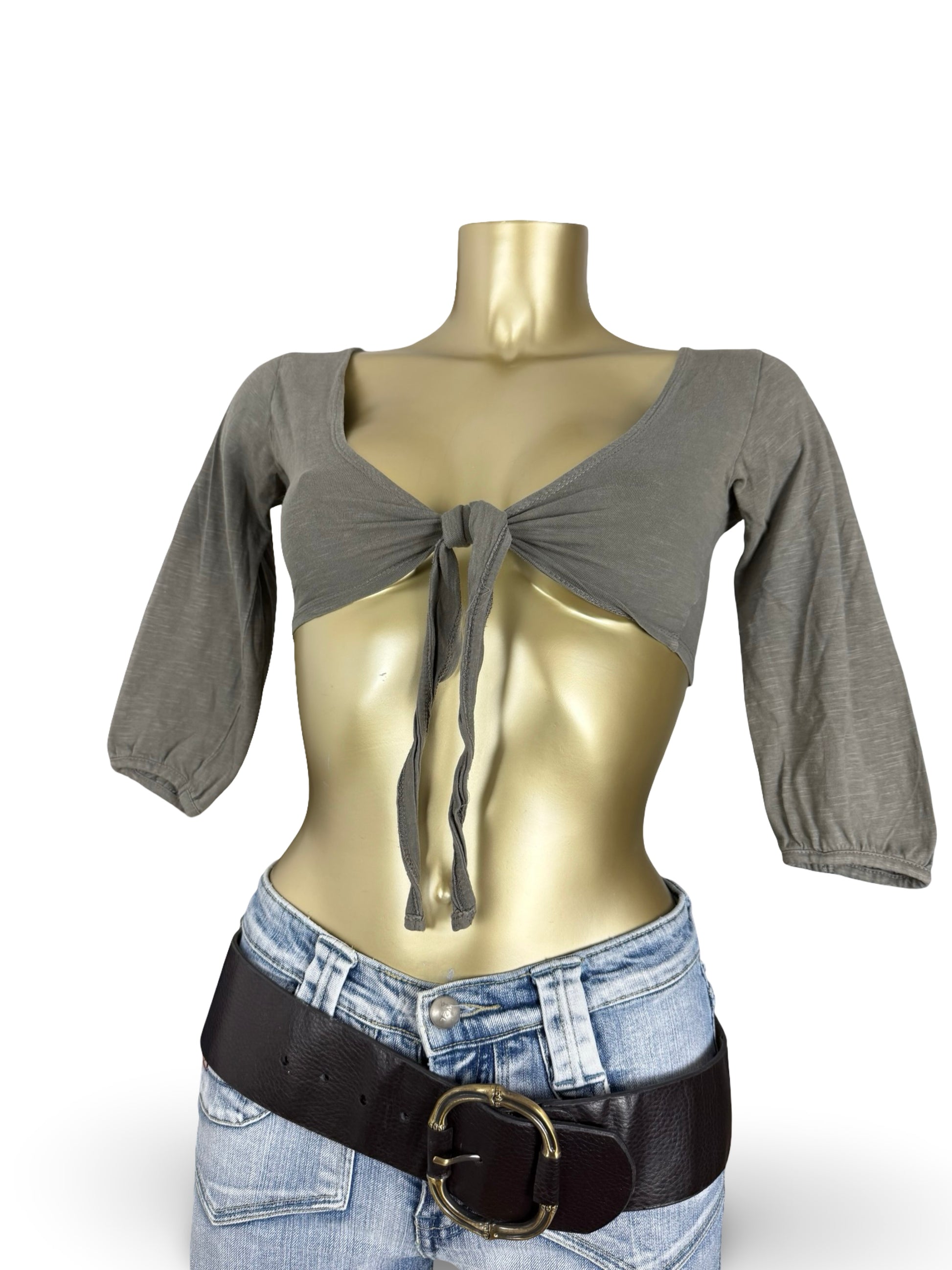 Khaki cotton tie up crop bolero long sleeves top (XS)