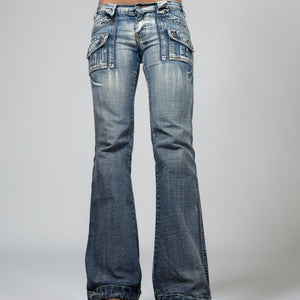 Blue denim low rise flare pants (S)