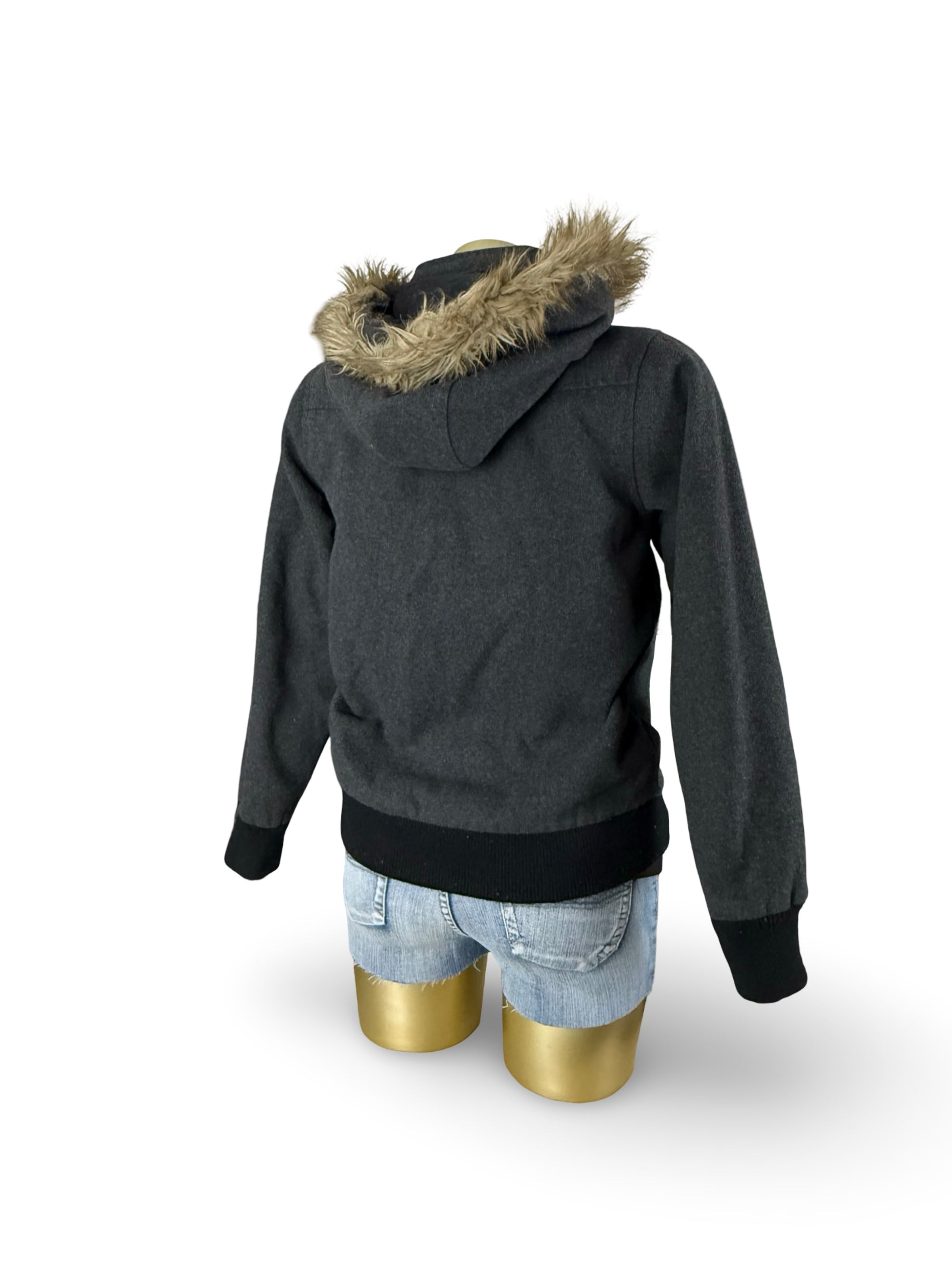 Grey faux fur hooded tight fit jacket (S)