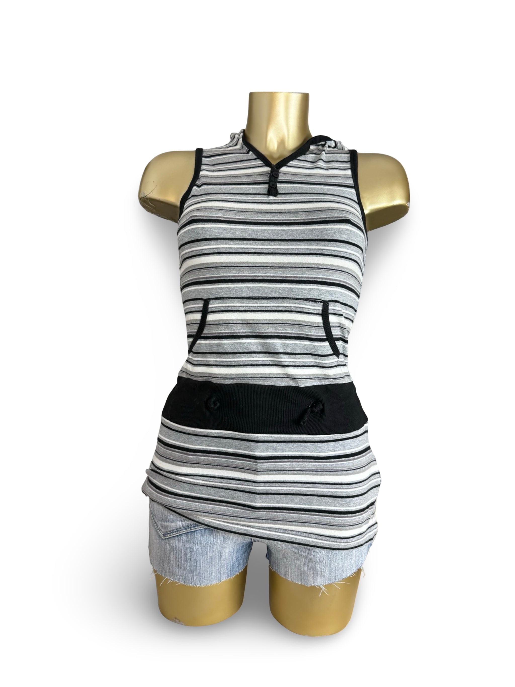 Grey & black striped hooded top (XS)
