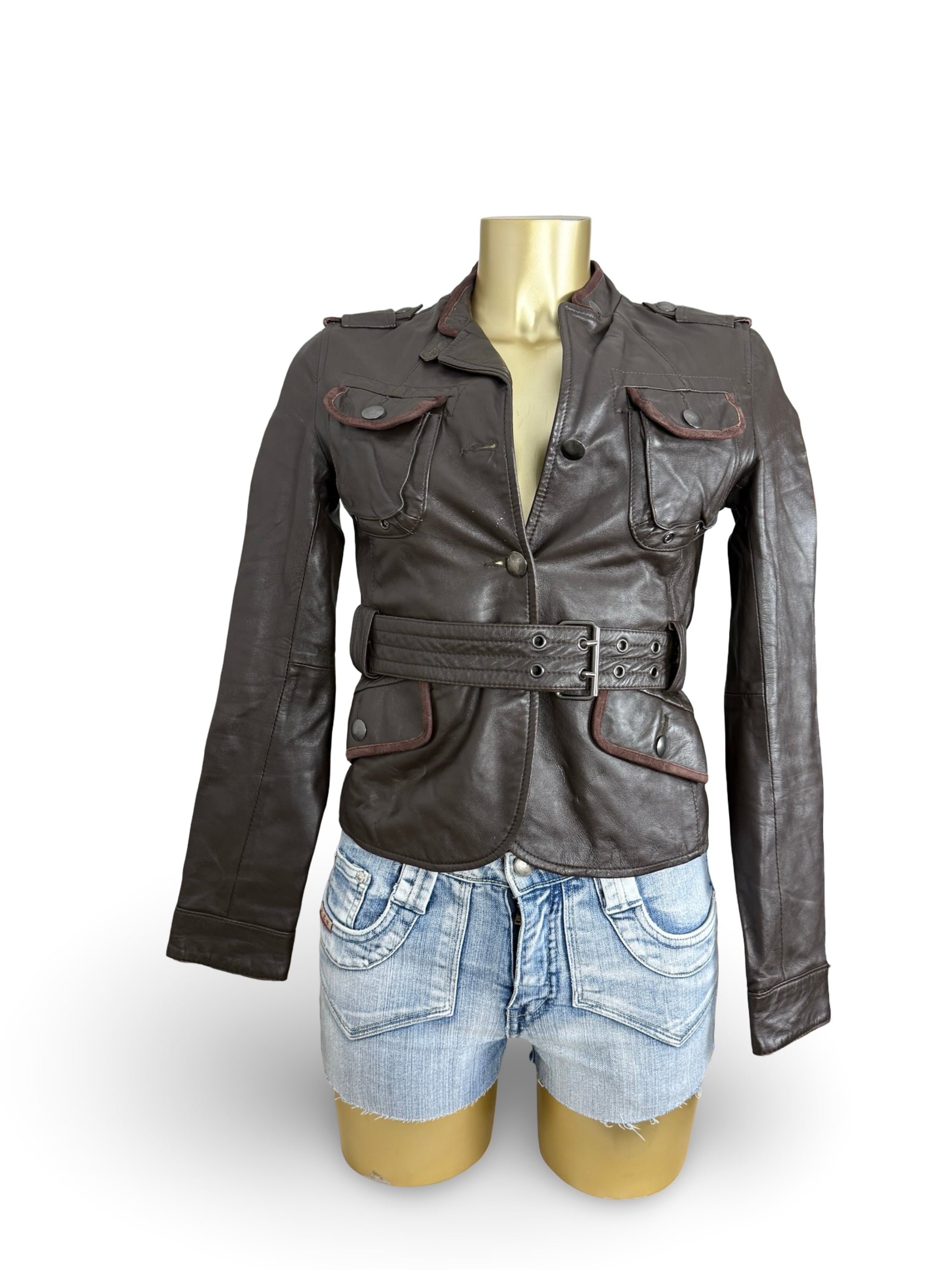 Brown real leather biker jacket with belt (S)