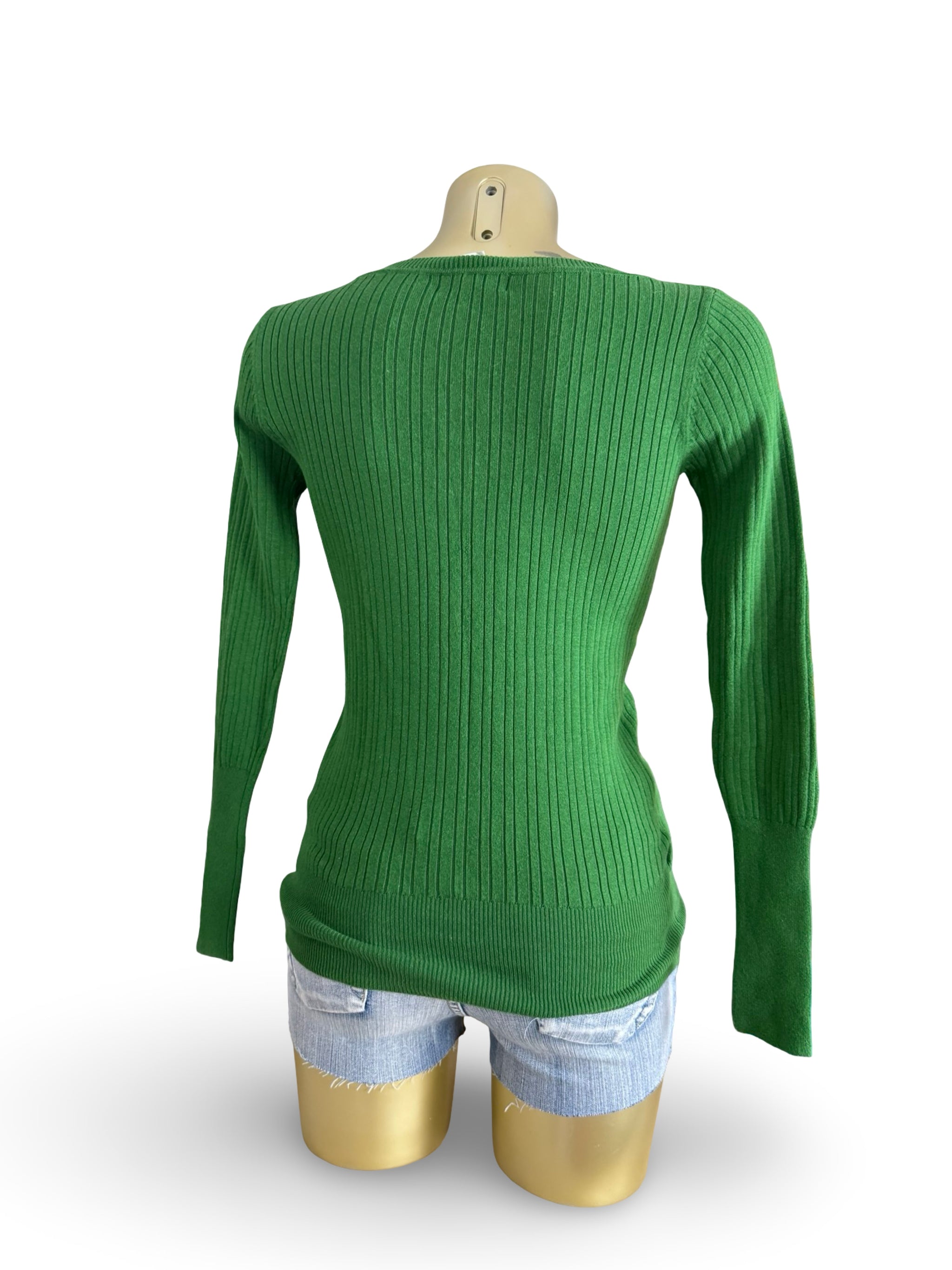 Green cotton V neck tight fit jumper (M)
