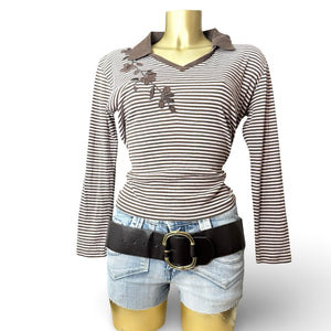 Beige & brown polo neck striped long sleeves top (XL)