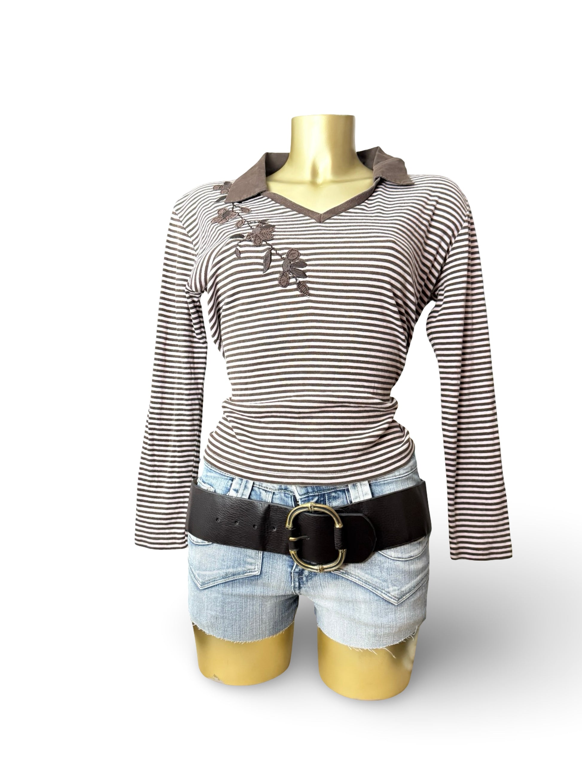 Beige & brown polo neck striped long sleeves top (XL)