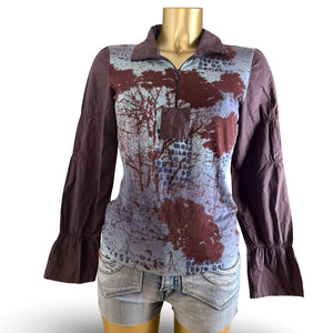 Purple graphic half zip tight fit long sleeves top (M)