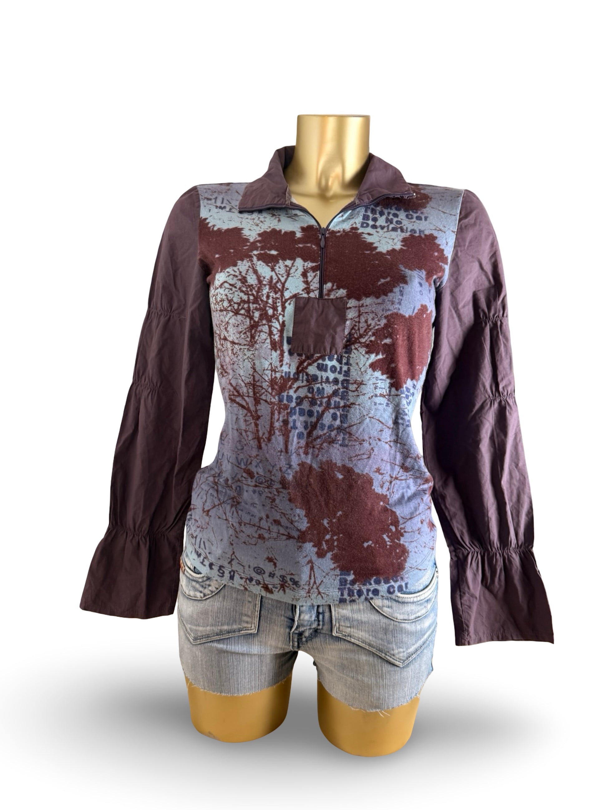 Purple graphic half zip tight fit long sleeves top (M)