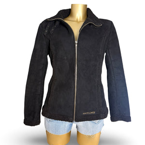 Black inside fleece faux fur suede tight fit jacket (M)