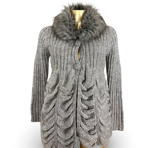 Grey faux fur neck ruched wool cardigan  jumper (XS/S)