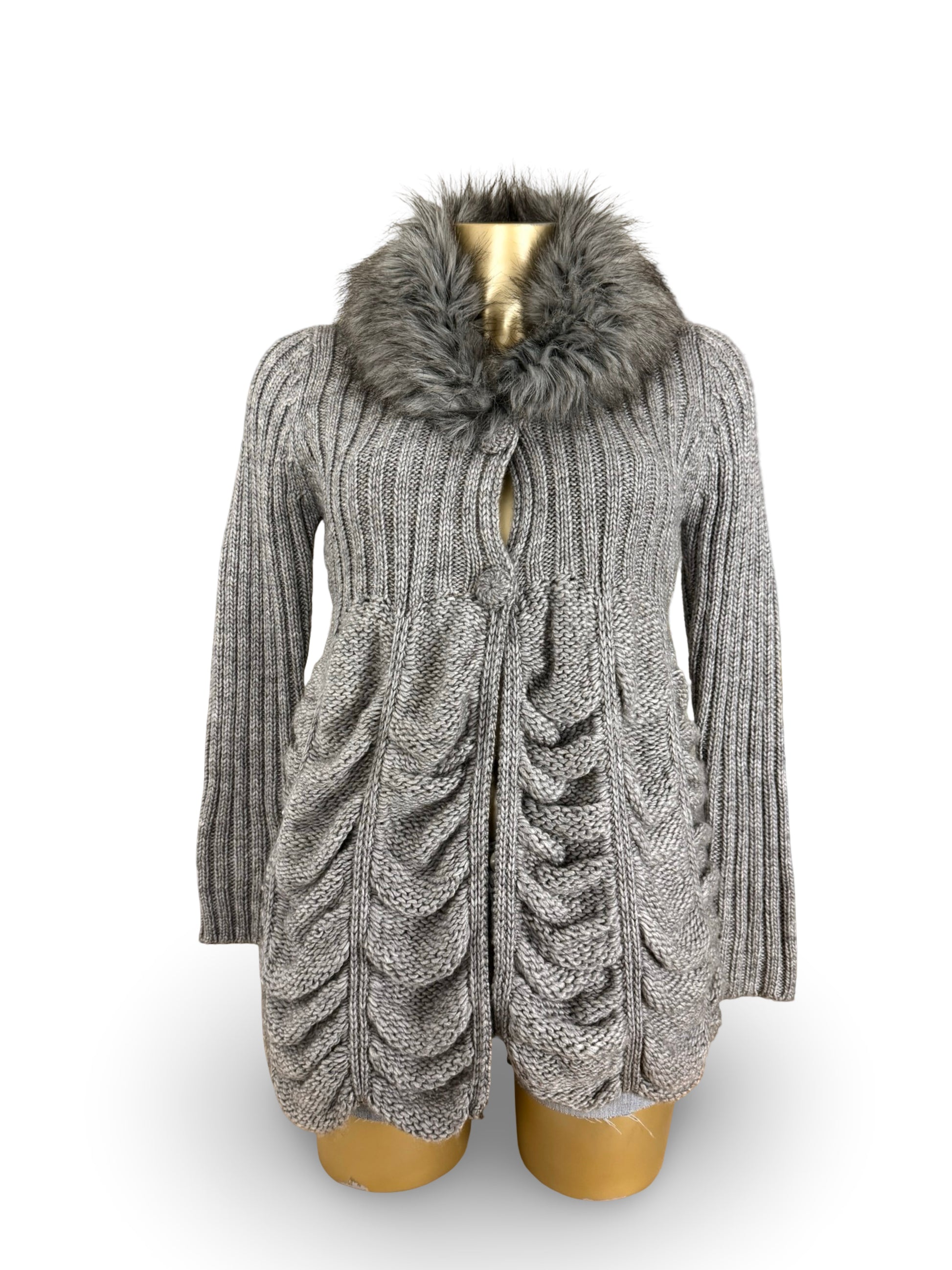Grey faux fur neck ruched wool cardigan  jumper (XS/S)