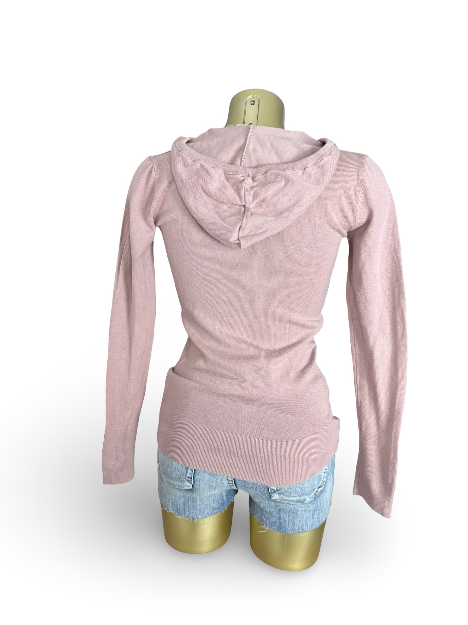 Pink V neck tight fit hooded jumper (XS/S)