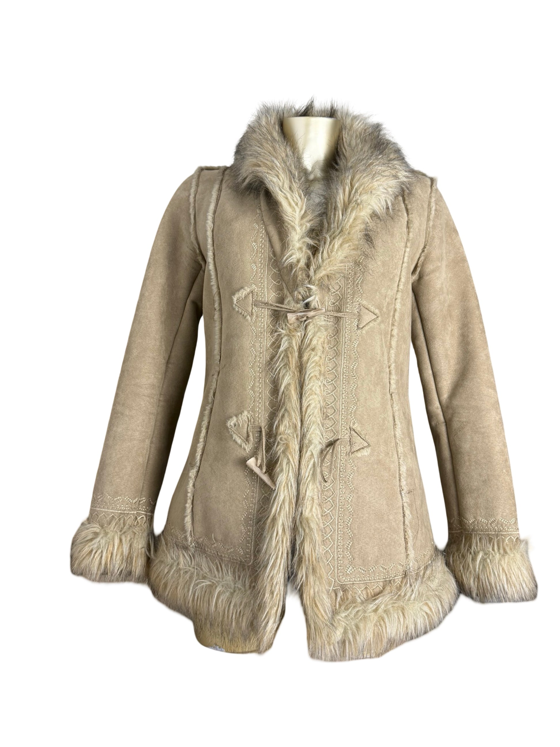 Beige inside fleece faux fur neck suede afghan coat (M/L)