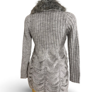 Grey faux fur neck ruched wool cardigan  jumper (XS/S)