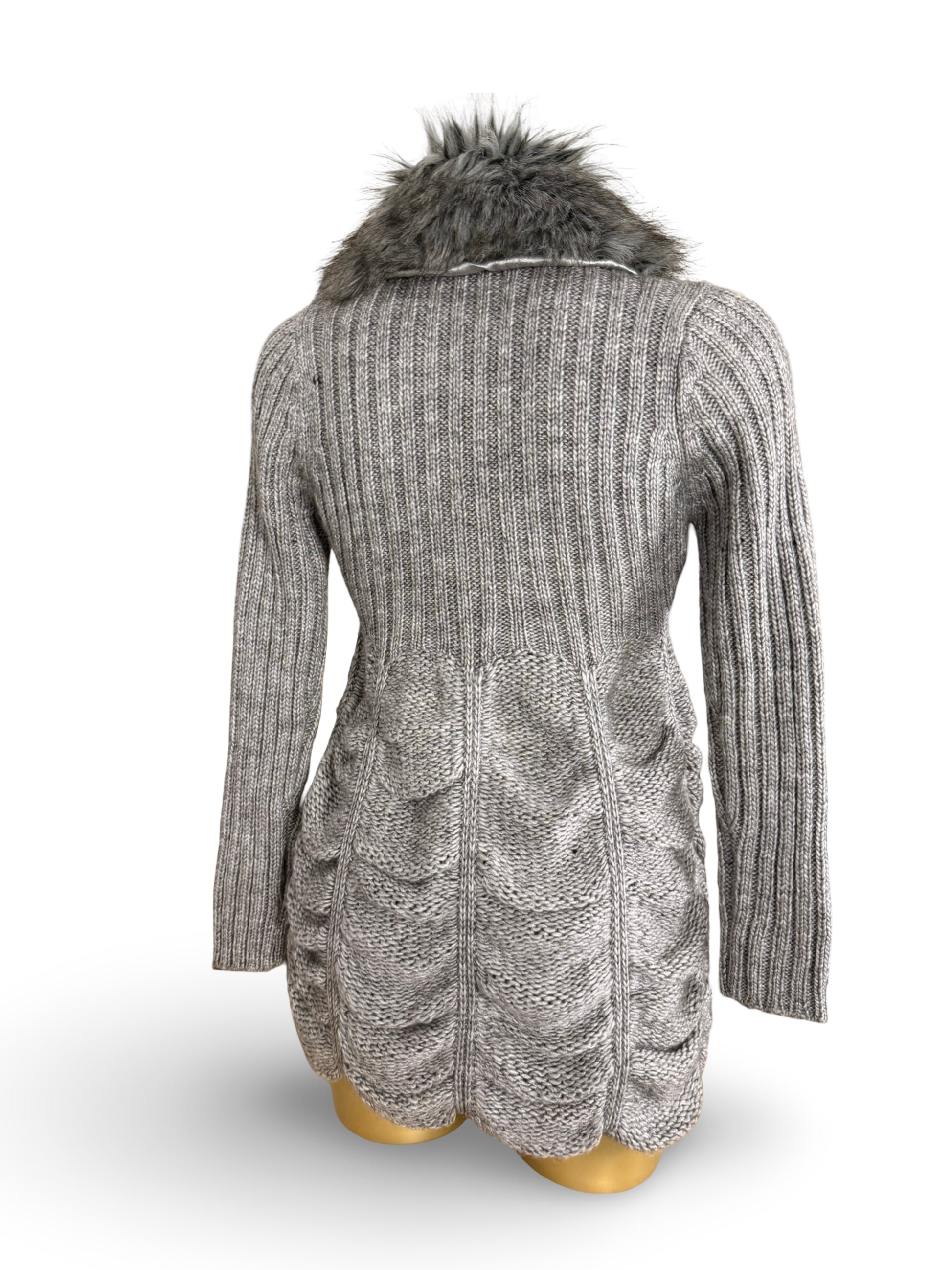 Grey faux fur neck ruched wool cardigan  jumper (XS/S)