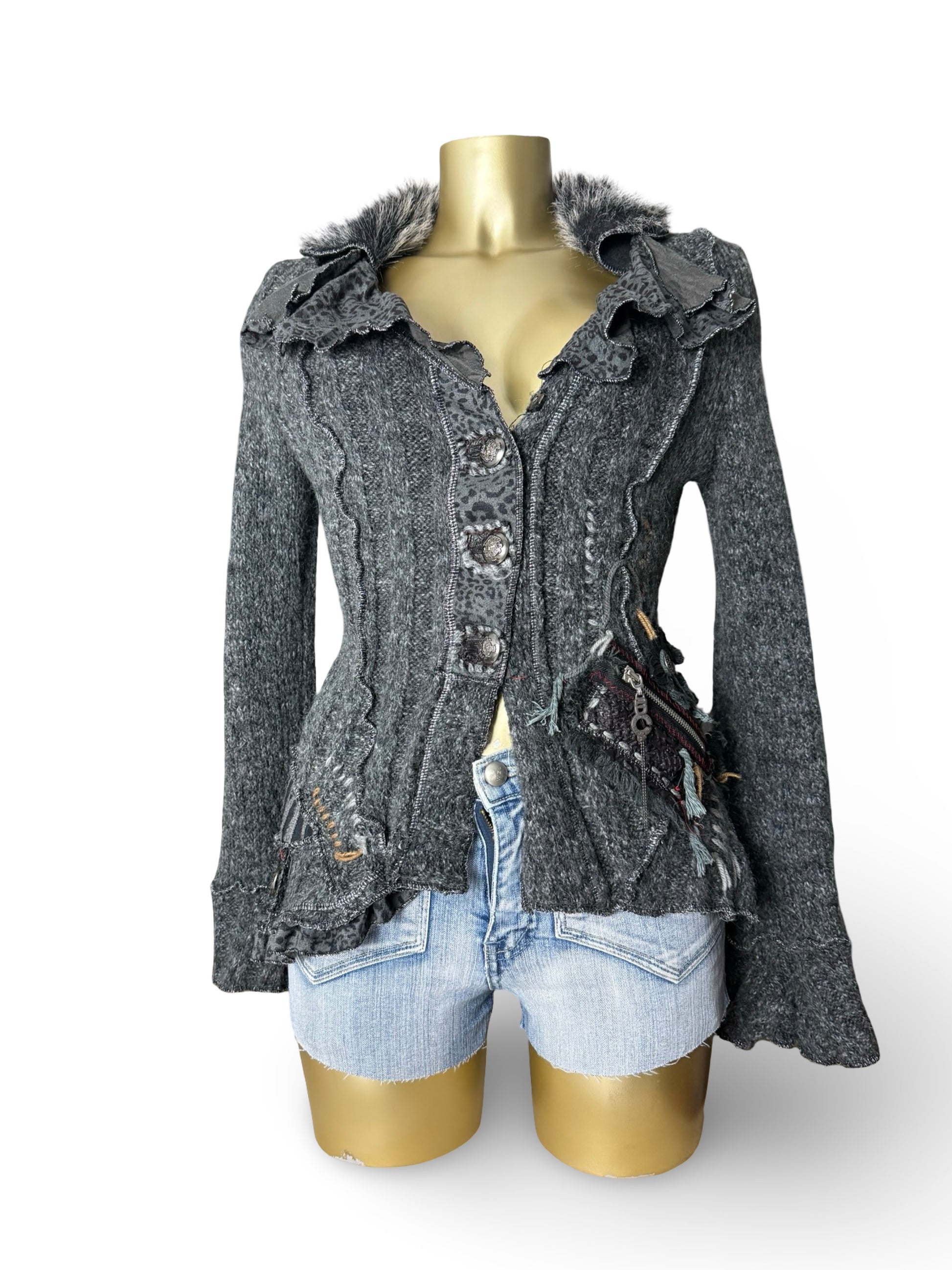 Grey zip up embroidered wool cardigan jacket (S/M)