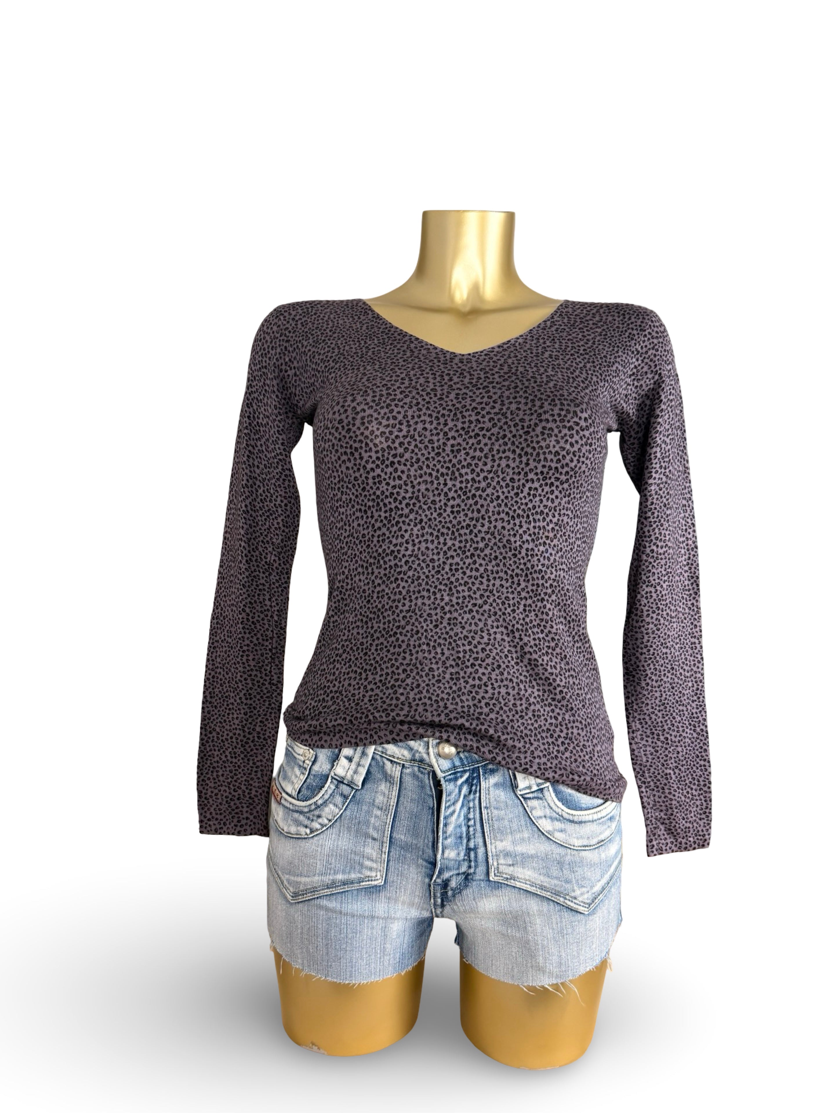 Purple panther print cotton V neck jumper (S/M)