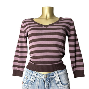 Purple striped V neck tight fit jumper (S)