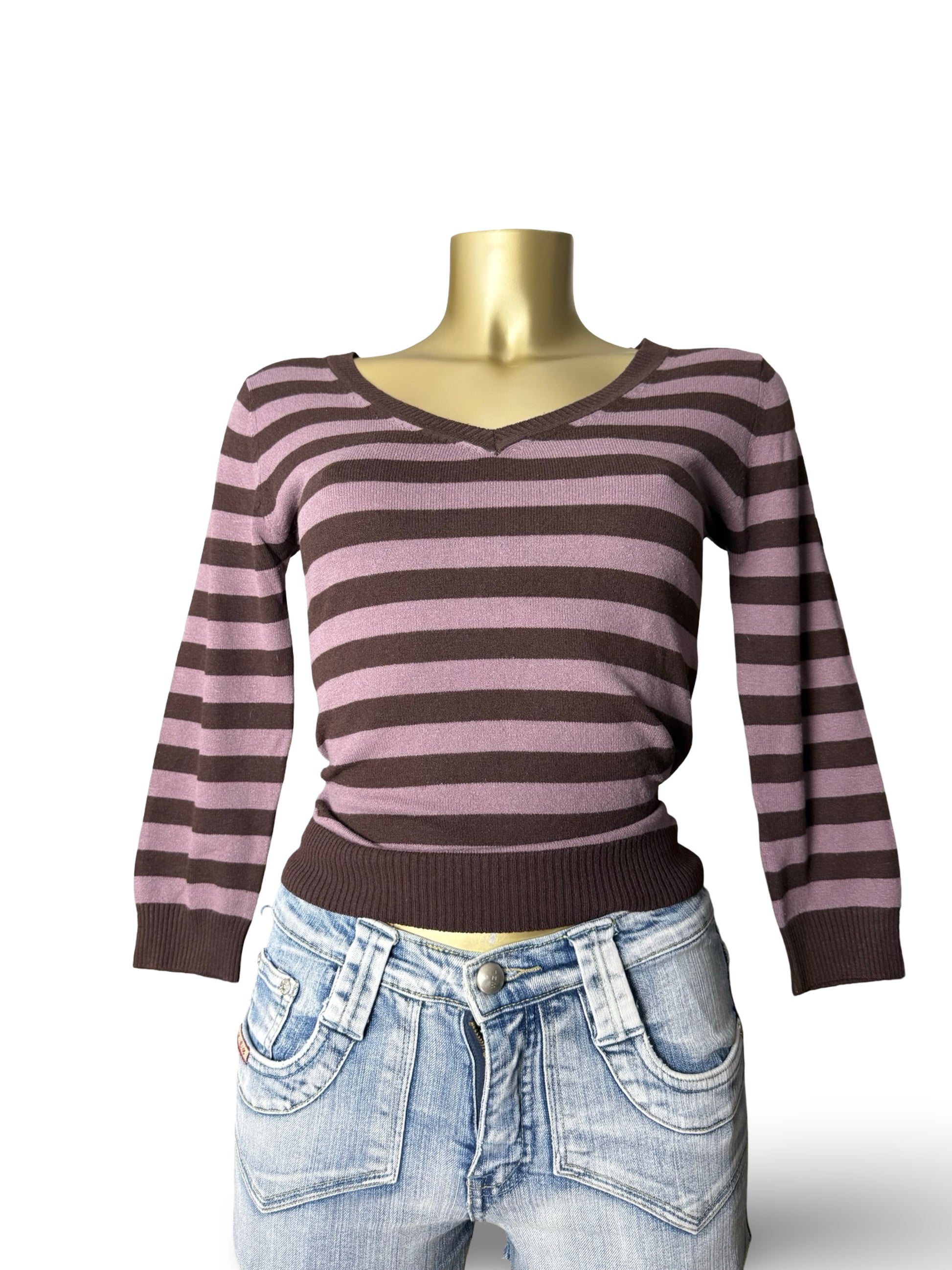 Purple striped V neck tight fit jumper (S)