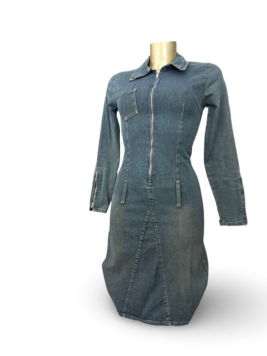Blue denim tight fit long sleeves dress (S)