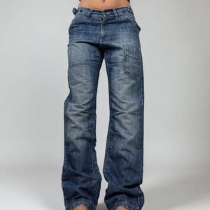 Blue denim low rise baggy pants (M)