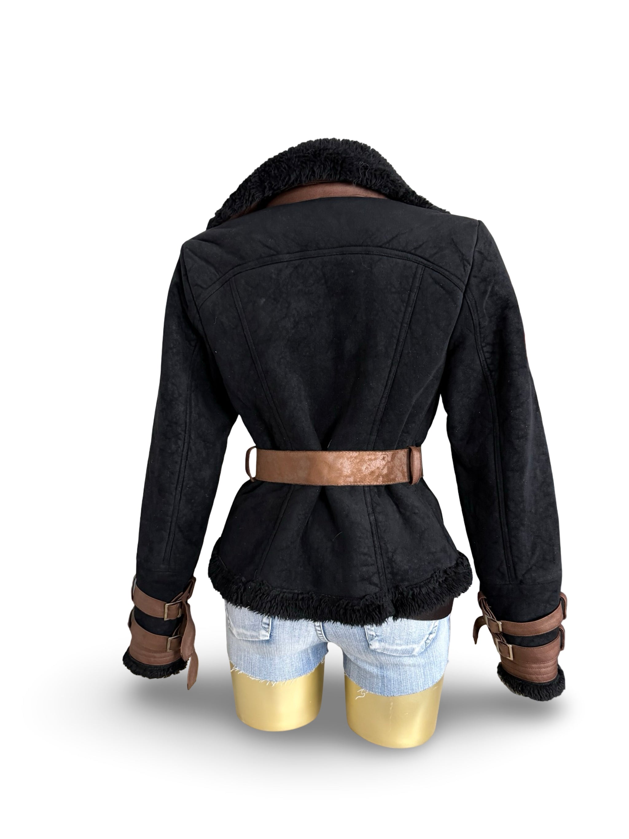 Black suede tight fit biker coat (M)