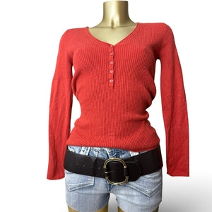 Orange 100% cashmere ribbed V neck tight fit jumper (S/M)